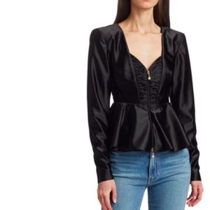 ROTATE BIRGER CHRISTENSEN Elegant Annie Padded Shoulder Black Satin Peplum Top S